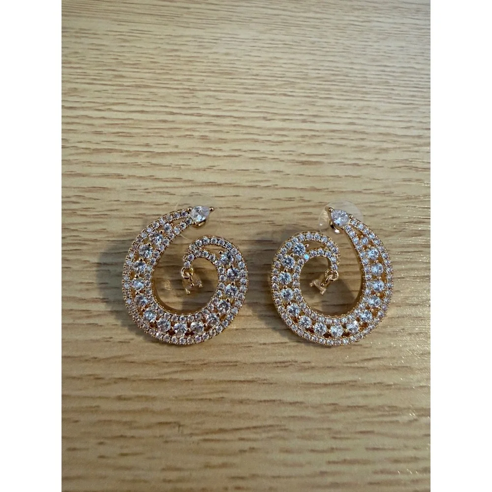 Gold Tone Cubic Zirconia Spiral Stud Earrings Clear Crystal Statement Studs